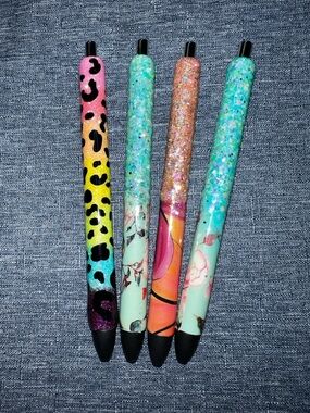 Lot of 4 Glitter Ink Joy Gel Epoxy Resin Pens with Glitter (New, Handmade)